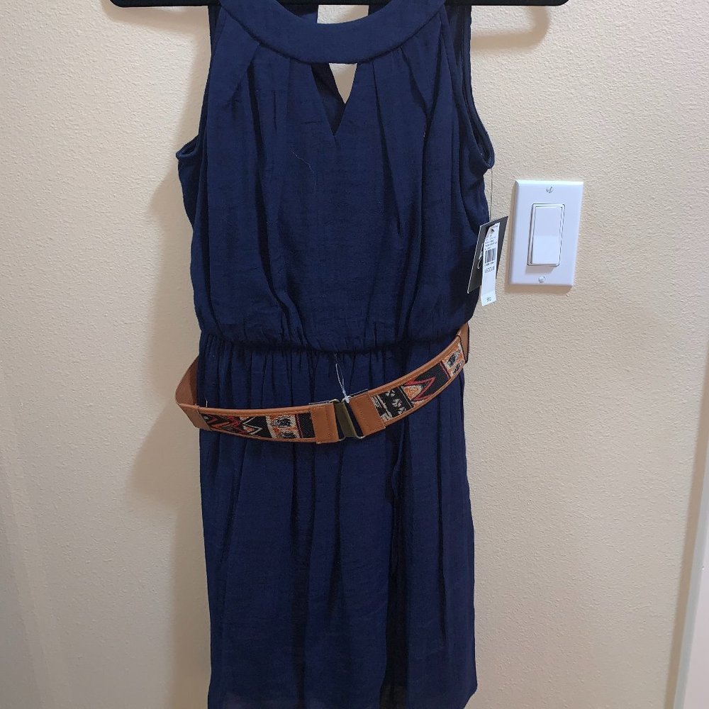 By&By Navy Blue Dress with Tan Patterned Belt - Size Medium